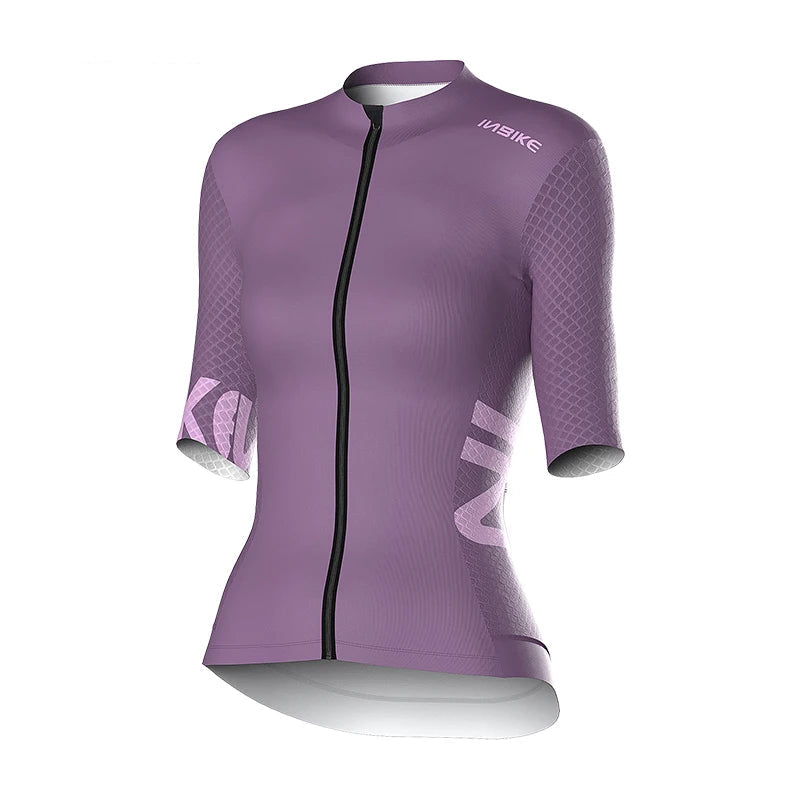 Purple cycling jersey with a brand logo on a white background