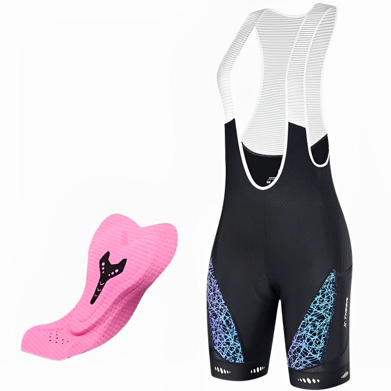 Black cycling bib shorts with blue design on a white background
