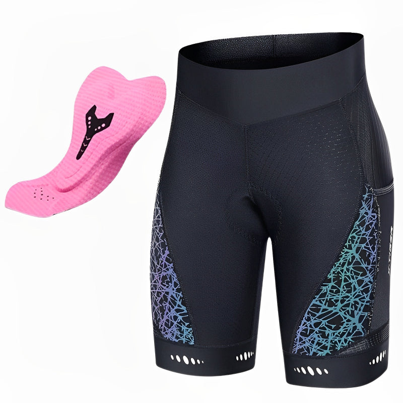 Black cycling shorts with blue designs and a pink sock on a white background