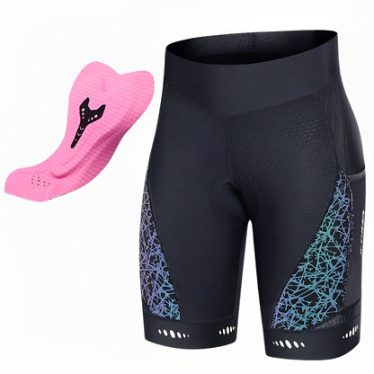 Black cycling shorts with blue designs and a pink sock on a white background
