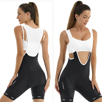 Woman wearing a white tank top and black bike shorts with cut-out design, shown from front and back.